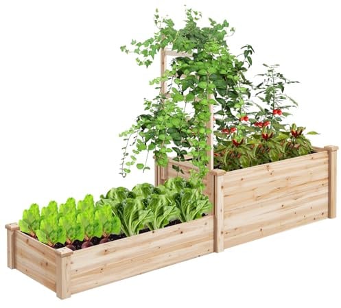 GOPLUS Jardinera con enrejado, jardinera con enrejado, jardinera con suelo abierto, enrejado de madera de abeto, para hierbas y jardín, para patio, terraza (223 x 64 x 134 cm)