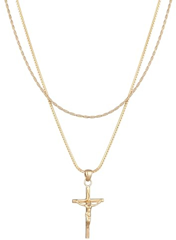 Kuzzoi Halskette Herren 925 Silber vergoldet mit Kreuz Anhänger (28 mm) Kruzifix Layer Kette für den Mann Kettenlänge 50 + 55 cm, 0111741723