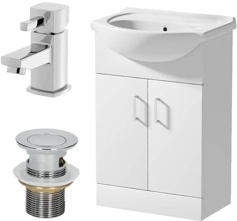 Affine® 560mm Bathroom Vanity Unit Ceramic Sink Floorstanding Storage Cabinet Cupboard & Misa Basin Tap & Waste Set, White Gloss