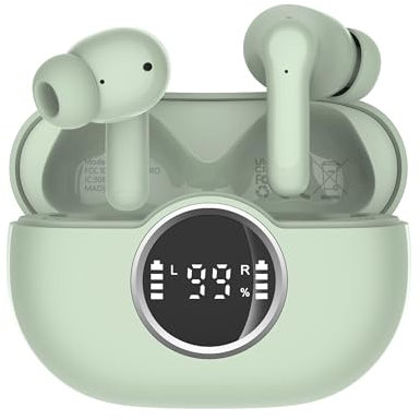 Cuffie Bluetooth, Auricolari Bluetooth 5.4 con HiFi Stereo, Cuffie Wireless con Cancellazione Rumore Mic, Cuffiette Bluetooth 36 Ore LED Display, IP7 Impermeabili, USB-C, Touch Control, Verde Menta