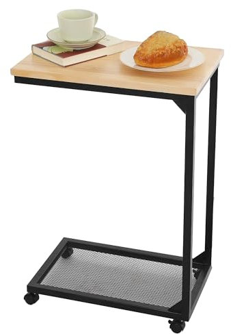 Mingone Beistelltisch Drehbar mit Rollen Couchtisch mit Stauraum C-Form Sofatisch Kleiner Tisch für Wohnzimmer Schlafzimmer Büro Balkon, Nature