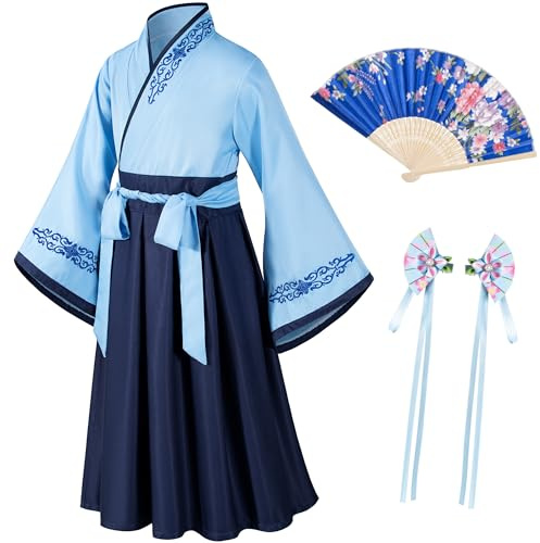 Asiatisches traditionelles Kleid, Kimono, Bademantel für Kinder, Mädchen, Kostüm, Seide, Faltfächer, Haarnadel, Cosplay, Blau/Marineblau, 8-9Years(140cm)