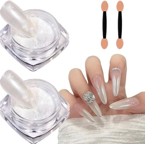Upgrade Glassy Pearl Nail Powder - High Gloss White Pearlescent Chrome Powder, Clear Moonlight Effect Iridescent Powder for Nails (2pcs Pearl)