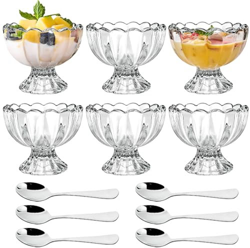 Xaztr 6Pcs Small Glass Dessert Bowls, 5oz Clear Ice Cream Bowl Footed Dessert Cups Trifle Bowl with Stainless Steel Spoons for Cocktail, Sundae, Trifle, Pudding, Appetiser, Fruit