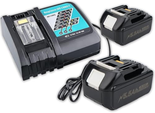 2X 18V 5500mAh BL1850 Batterie de Remplacement pour Batterie Makita 18V avec Chargeur DC18RC pour Batterie Makita 18V BL1860 BL1860B BL1850 BL1850B BL1840 BL1830B BL1820 BL1815