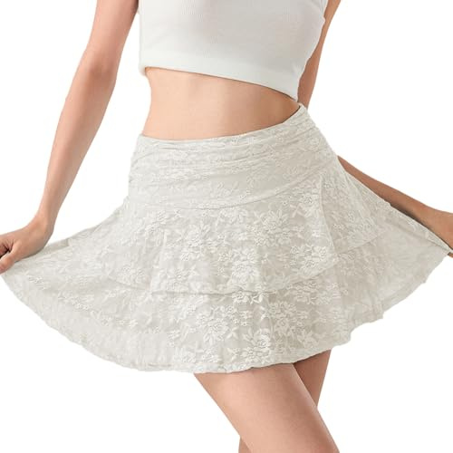 Frauen Floral Spitze Slip Röcke Niedrige Taille Rüsche Layered Plissee Mini Röcke Y2k Flowy Tiered Short Rock