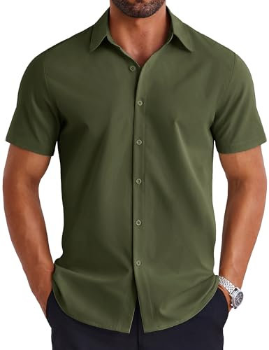COOFANDY Men's Smart Casual Short Sleeve Shirts Suit Business Work Button-Down Shirt Army Green M