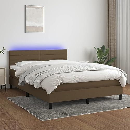 KOIECETA Boxspringbett mit Matratze LED Doppelbett Bett Polsterbett Bettgestell Bettrahmen Lattenrost Schlafzimmerbett Hotelbett Dunkelbraun 140x200 cm Stoff