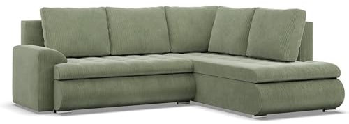 Mebligo - Ecksofa mit Schlaffunktion und 2 Bettkasten Cord - Grün 230x89x200 (BxHxT) FORESTA - Rechts Eckcouch, Sofas & Couches, Couch L Form, Cauchsofa, Sofa Wohnzimmer, Ecke Sofa