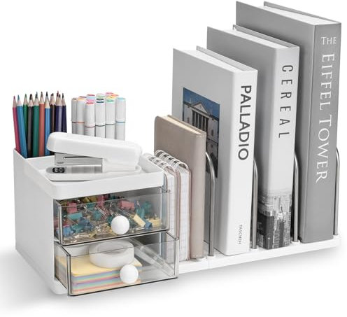 RISEMART Desk Organiser with File Holder, Versatile Desk Tidy Stationery Storage, Large Capacity Desktop Organizer for Office & School Accessories (White)