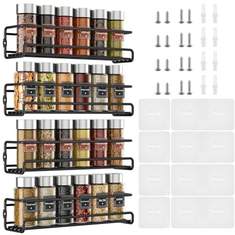 Spice Rack Wall Mounted - 4 Pack Spice Rack for Inside Cupboard With Adhesive Sticker and Screws for Kitchen & Inside Cupboard Spice Jars and Condiments Tidy Storage