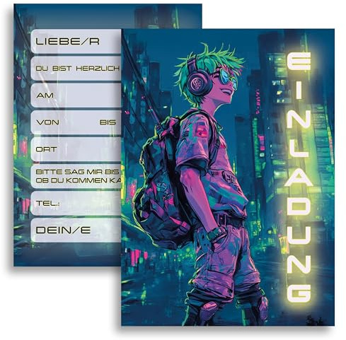 E&G Klasse 10 Kinder Einladungskarten Einladung Kindergeburtstag Neon City Vibes Boy Jungen und Mädchen Kinder-Geburtstag Geburtstag Party Einschulung 5 6 7 8 9 10 11 12 13 14