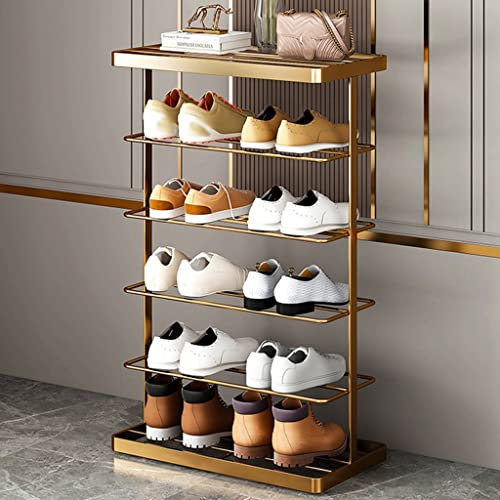 JKJZSALJ 5-Tier Shoe Rack Organizer For Closet Entryway,Free Standing Shoe Shelf,Narrow Shoe Organizer Steel Frame,Industrial,19.6 * 9.8 * 31.4 Inches,Gold