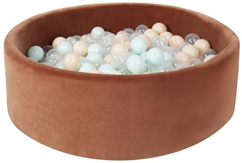 Piscine à balles en Velours pour Enfant, Aire de Jeu + 300 balles (Couleur de la Piscine/de balles: Marron/Transparent, Perle, Menthe, Cappuccino)