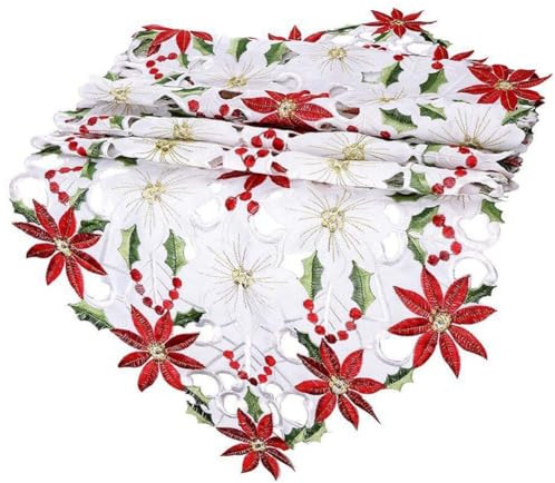 Fegtrtyoa Christmas Table Runner Poinsettia Holly Leaf Embroidered Table Linens Christmas Embroidered Table Runner for Christmas Decorations 15 X 53 Inch