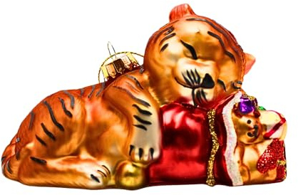 Dekohelden24 Lauschaer Christbaumschmuck - Christbaumkugeln Lauscha, Glaskugeln, Weihnachtsbaumkugeln, Glasornament als Tiger, Glas - Babytiger mit Geschenken, aus Lauscha, L/B/H 11 x 6 x 8 cm.