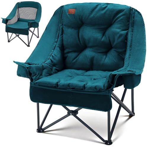 EVER ADVANCED 2-in-1 Oversized Camping Chair with 6cm Removable Cushion | Heavy Duty Folding Chair, Padded, Cooler Bag, 180kg Capacity, Cup Holder, Side Pocket for Fishing, Garden, Green