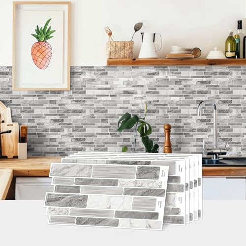 indabyo 20 Sheets Mosaic Marble Effect Tile Stickers Peel and Stick on Tile | Kitchen Bathroom Wall Self Adhesive Vinyl Waterproof Backsplash Sticky Tile Covers Decals (Light Grey)