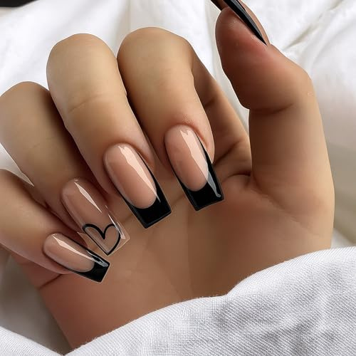 Chic Black French Tips Press On Nails with Heart Design - Elegant False Nails Acrylic Kit for Women, 12 Sizes, Square & Almond Shape, Short Press On Set with Clear Polish, Art