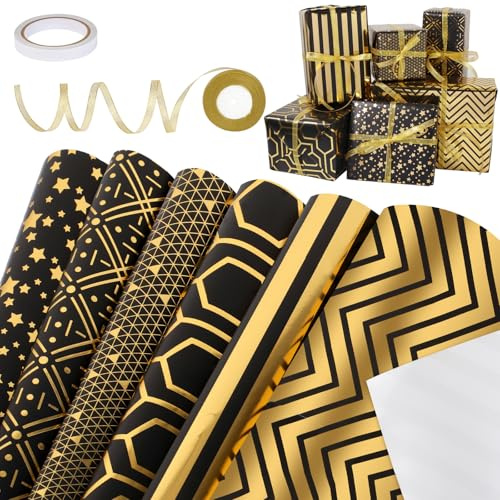 Geschenkpapier Schwarz Gold, 6 Blätter Geschenkpapier Geburtstag - 70*50cm | Geschenkpapier Set mit Schleifenband Gold, Wrapping Paper für Geburtstag Hochzeit Weihnachten Party
