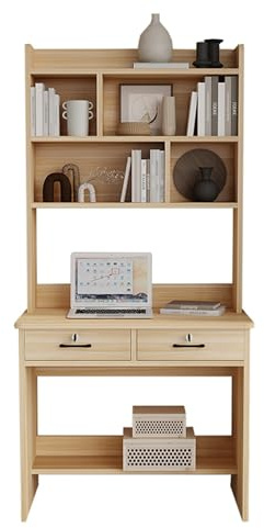 Scrivania in legno massello con libreria integrata, tavolo da lavoro moderno e semplice, per casa, ufficio e camera da letto, finitura noce (95 x 50 x 185 cm), soluzione salvaspazio