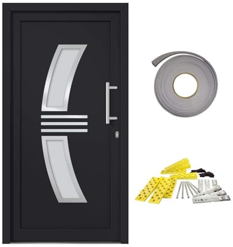 Porte d'entrée anthracite 108 x 200 cm en aluminium PVC avec vitrage isolant et charnières 3D, porte d'entrée d'appartement avec renfort en acier