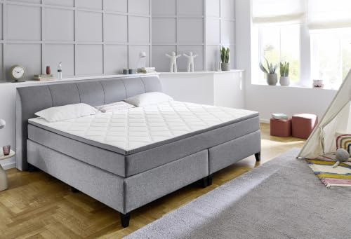 möbelando Boxspringbett Marji – XXL Familienbett 240x200 cm, graues Design mit Premium-Komfortaufbau, 7-Zonen-Taschenfederkern & Topper, Liegehöhe 66 cm