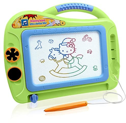 Magnetic Drawing Board for Kids, Travel Size Erasable Doodle Sketching Writing Board Colorful Doodle with 2 Stamps for Toddlers-Green