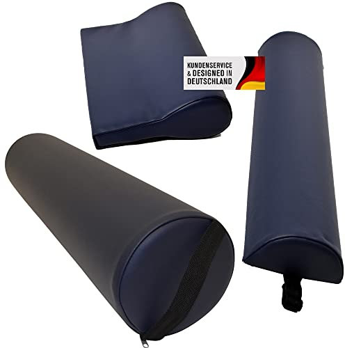Promafit Massagezubehör Set 3 bestehend aus 1x Vollrolle Knierolle mit Griff 1x Lagerungsrolle Halbrolle und 1x Nackenkissen Kopfstütze für die Massageliege wasserabweisend (Marineblau)