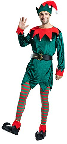 EraSpooky Herren Weihnachten Elfe Kostüm Faschingskostüme mit Hut Strumpf Überschuh Gürtel Cosplay Party Karneval Fastnacht Kleid für Erwachsene