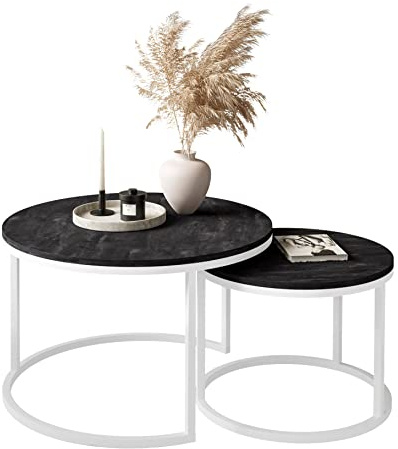 lukmebel Couchtisch rund - CIRI 2in1 - Beistelltisch rund - Kaffetisch - Industrial Deko - Deko Wohnzimmer - Kleiner Beistelltisch - Sofatisch - Kleiner Tisch - Weiß, Marmor