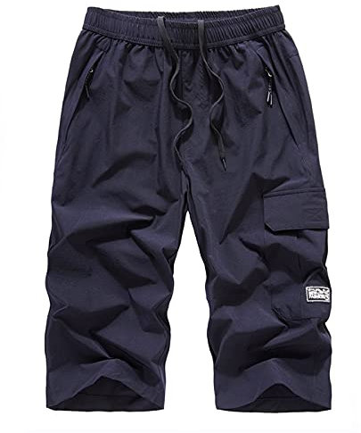MakingDa Herren Casual Sport Strand Cropped Pants mit Reißverschlusstaschen Schnell Trocknend Atmungsaktiv Lounge Arbeitshose Gr. 31-35, dunkelblau