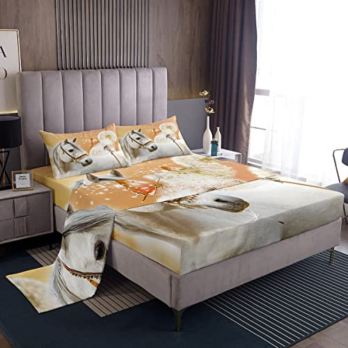 Loussiesd Set di lenzuola, motivo cavallo bianco, 3D, con dente di leone e farfalla, per ragazzi, ragazze, bambini, adolescenti, per letto singolo