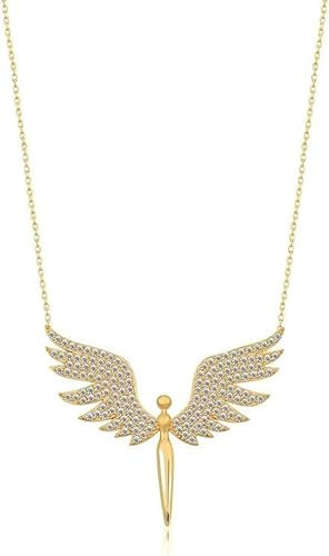 Einzelstück® Collana con angelo custode, in argento sterling 925, placcato oro 14 carati, portafortuna, Zirconia cubica, Zirconia cubica