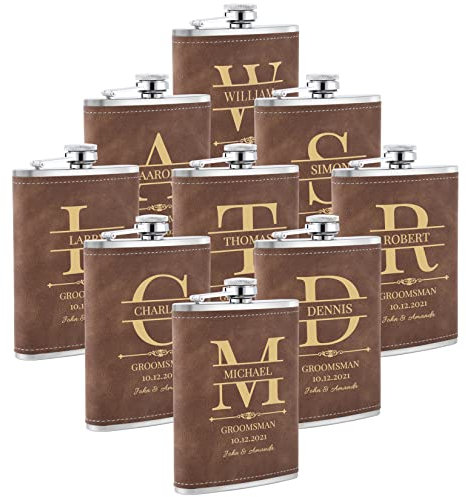 Flachmann mit Gravur, 9 Stück Personalisierte Flachmänner mit Eigenem Text für Trauzeugen Geschenk, Personalisierte Geschenke für Junggesellenabschied und Hochzeit (Braun)