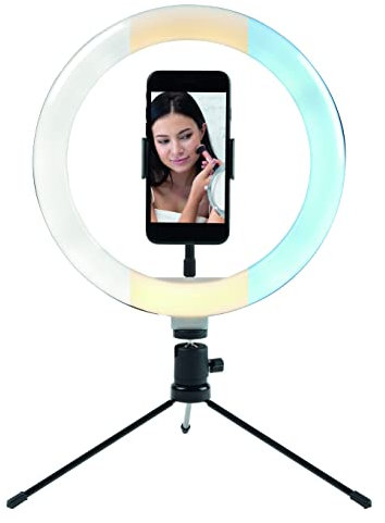 Intempo EE5977SBLKSTKEU7 Free-Standing Selfie Light with Phone Holder, 26 cm Ring Light, Desktop Streaming Light, Metal Tripod Stand with Fold Away Feet, Three Lighting Modes, Easy-to-Use Controller