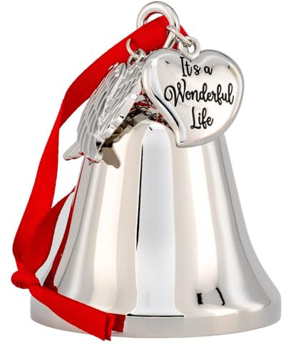 It's a Wonderful Life Inspired Christmas Angel Bell Ornament with Stainless Steel Angel Wing Charm. New Larger Size and Now Comes with 2 Interchangeable Ribbons. (Shiny Silver)