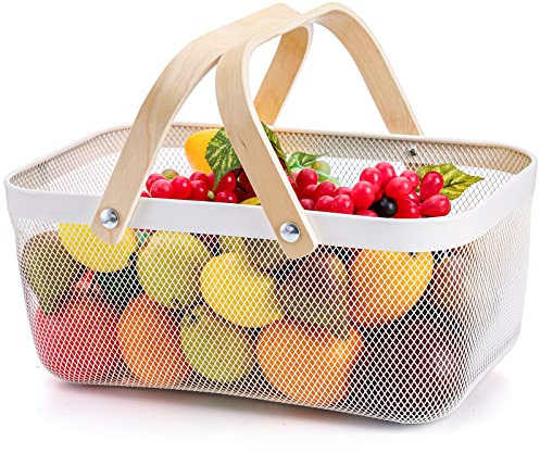 ZEAYEA Mesh Storage Basket with Handle, Garden Harvest Basket, Mesh Fruit Basket Bin for Gathering Vegetables, Multi-functional Metal Wire Baskets for Kitchen Garden Picnic Cabinet, White