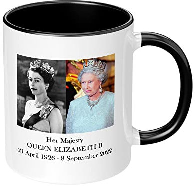 Print Maniacs Queen Elizabeth II Memorabilia Remembrance Mug Gift Merchandise Souvenir Keepsake RIP Commemorative Her Majesty 70 Years in Service Memory Decoration Cup - Then and Now (Black Fill)