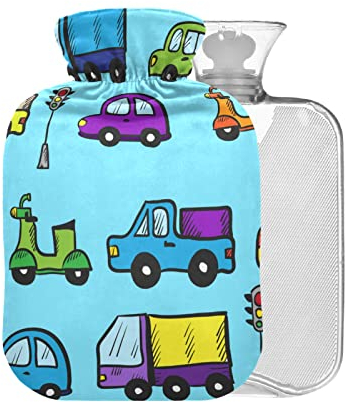 Cartoon Cars Wärmflasche mit Bezug, 2 l, groß, zur Schmerzlinderung, Kopfschmerzen, Nacken und Schultern