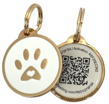 Pet Dwelling QR Pet Tag - Easy Scan Instant Location Alerts, Online Pet Profile with AI Feature for Dogs & Cats (Lux Gold White Paw)