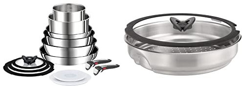 Tefal Ingenio Preference ON Pots & Pans Set, 13 Pieces, Stackable, Removable Handle, Space Saving, Non-Stick, Induction, Stainless Steel, L9749432 & Ingenio Stainless Steel Steamer with Glass Lid