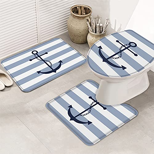 Set 3 Teilig Badvorleger Retro Anker-Ozean-Blaue Geometrische Kunst-Küstenstreifen Anti-Rutsch Bade-Matte+Kontur+Wc-Deckelabdeckung Waschbar Konturmatte Für Badewanne Dusche Wohnzimmer
