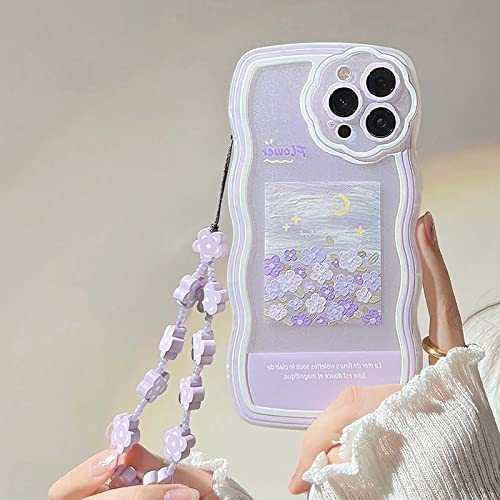 Bakicey Mobile Phone Case for iPhone 11 Pro Max Case with Pearl Chain Aesthetic Oil Painting Flowers Wavy Protective Case Transparent TPU Girls Glitter Crystal Case with Cute Chain for iPhone 11 Pro