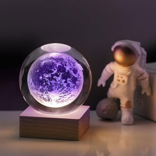 Zoomarlous 3D Kristallkugel Nachtlicht, USB 3D Mond Kristallkugel Nachtlicht Kreative Nachtszene Astronomie LED Ball Lampe,Mit Holzsockel
