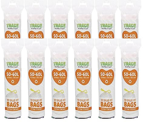 Trade Extra Strong Kitchen Drawstring Bin Liners 60Litre-Multipurpose Thick Bin Bags For Kitchen -10 Large Unscented Trash Bags in One Roll- (Pack of 12)
