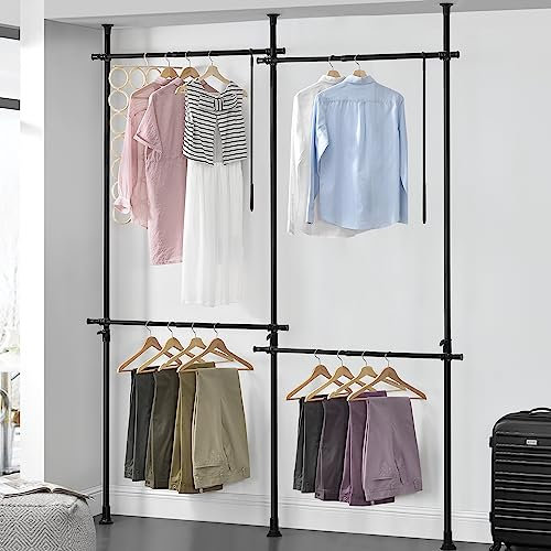 [en.casa] Teleskop Garderobensystem Kemi mit 4 Kleiderstangen zum Spannen Garderobenständer Schwarz Kleiderständer Teleskopstange verstellbar 150 – 230 cm Metall