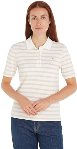 Tommy Hilfiger Women's Short Sleeve Slim Fit Striped Polo Shirt, White (Breton STP/Ecru/Classic Beige), L