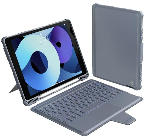 Nillkin Custodia per iPad di 9a generazione (10,2 pollici, 2021) con tastiera staccabile, Magic Trackpad, retroilluminazione a 7 colori, modalità ritratto/orizzontale, robusta custodia con tastiera