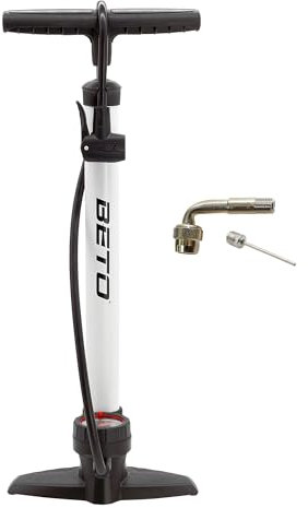 P4B | Luftpumpe in weiß mit rundem Manometer inkl. AV Winkelventil + Ballnadel | Fahrradpumpe für alle Ventile - Dunlop Ventil, Französisches Ventil, Auto Ventil | Standpumpe 11 bar/160 psi